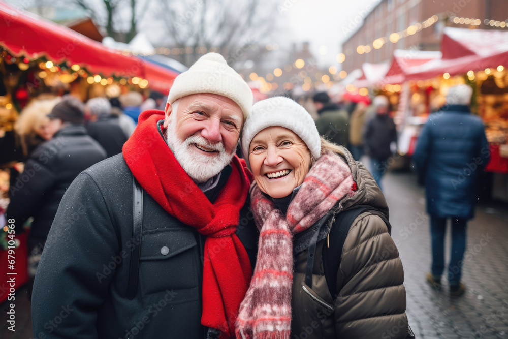 Happy couple having wonderful time on traditional Christmas market on winter evening