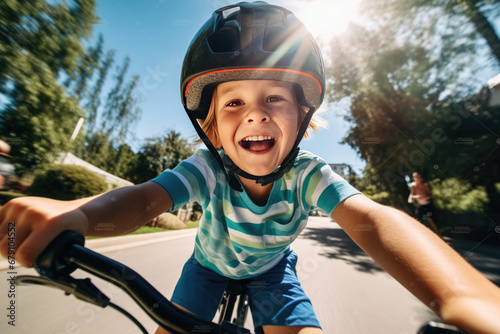 Cheerful kid riding a bicycle on a summer day photo