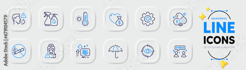 Difficult stress, No smoking and Umbrella line icons for web app. Pack of Weather thermometer, Cough, Nurse pictogram icons. Thiamine vitamin, Donation, Eye target signs. Stress grows. Vector