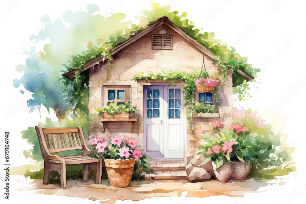 house with flowers in the garden, style water color
