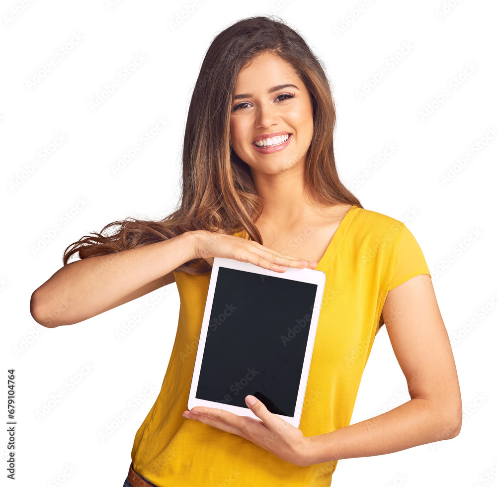 Woman, portrait and tablet with screen for advertising, marketing or smile isolated on png transparent background. Person, face and happy and touchscreen for advertisement or presentation on internet Woman, portrait and tablet with screen for advertising, marketing or smile isolated on png transparent background. Person, face and happy and touchscreen for advertisement or presentation on internet