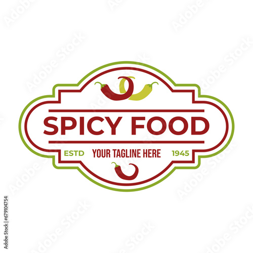 Chili pepper in fire vector illustration. Hot and spicy food symbol. Circle shape emblem, label, logo design template on white background