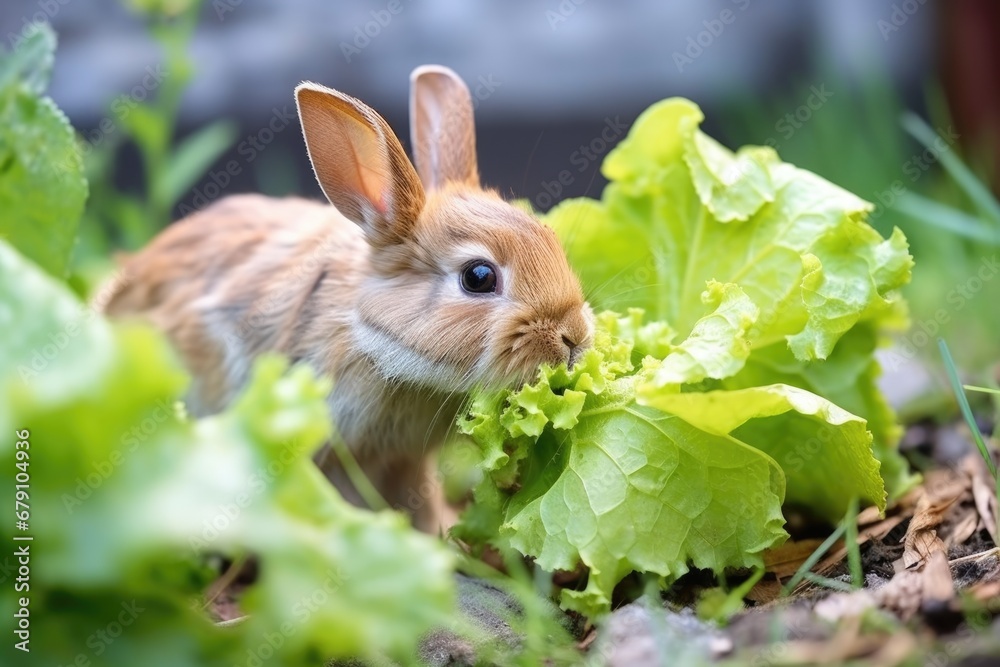 Fototapeta premium close-up of a rabbit munching on lettuce in a garden