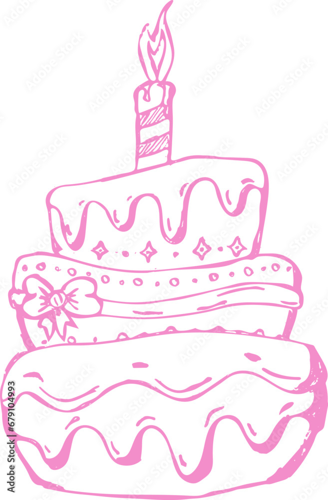 Festive pink cake with candle. . Sweet pastries, vector illustration. ink doodle sketch style . Eps 10. Festive pink cake with candle. . Sweet pastries, vector illustration. ink doodle sketch style . Eps 10.