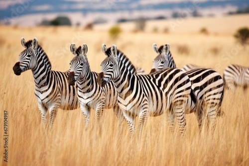 a group of zebras grazing in a wide open field
