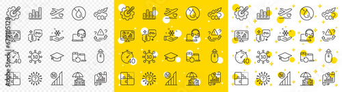 Outline Info, Consult and Graph chart line icons pack for web with Co2, Recovery devices, Attention line icon. Report document, Car insurance, Freezing pictogram icon. Settings gear. Vector
