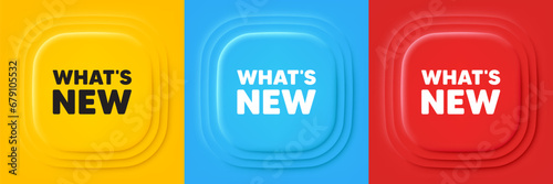 Whats new tag. Neumorphic offer banners. Special offer sign. New arrivals symbol. Whats new podium background. Product infographics. Vector