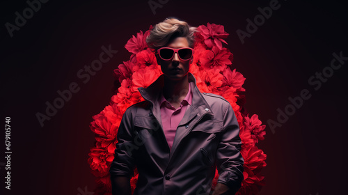 Beautiful handsome man on abstract floral background with copy space, Fashionable male model. studio fashionable photography.