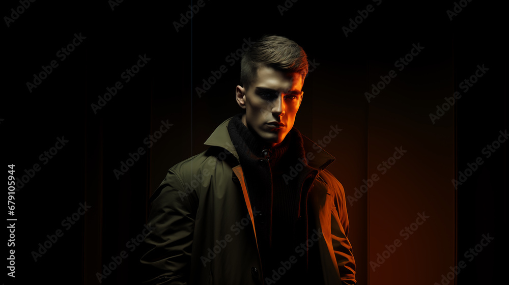 Obraz premium Beautiful handsome man on abstract black background with copy space, Fashionable male model. studio fashionable photography.