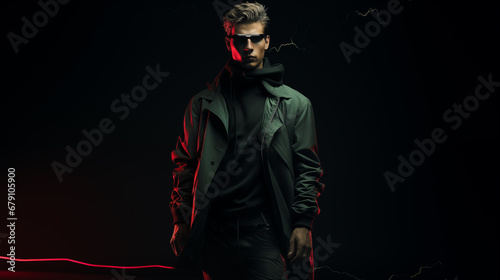 Beautiful handsome man on abstract black background with copy space, Fashionable male model. studio fashionable photography.