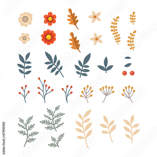 Set of Floral Elements. Flower and Leaves. Vector