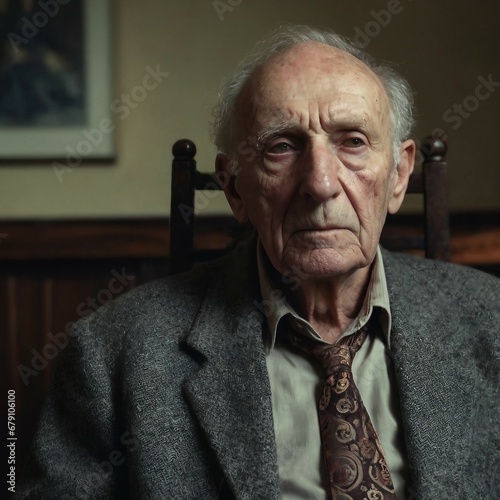 Elderly Man in Contemplation, Portrait in a Vintage Room, Showing Reflective Mood and Life Experience