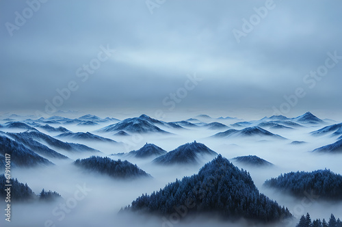 Atmospheric winter landscape  river and mountains  cold atmosphere of mountains and forests  Generative AI
