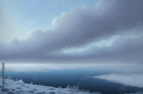 Atmospheric winter landscape, river and mountains, cold atmosphere of mountains and forests, Generative AI © LIUBOMYR