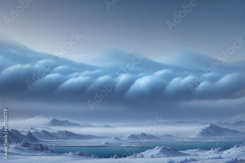 Atmospheric winter landscape  river and mountains  cold atmosphere of mountains and forests  Generative AI