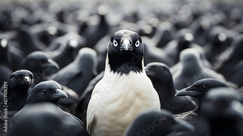A white crow among many black crows, not like everyone else. Concept of individual stranger in society, black sheep photo