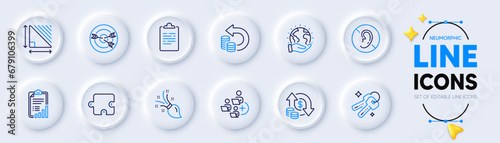 Save planet, Clipboard and Brush line icons for web app. Pack of Puzzle, Triangle area, No hearing pictogram icons. Targeting, Cash back, Checklist signs. Keys, Change money, Add team. Vector