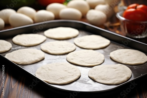 pita bread dough rounds on moving tray ready for baking