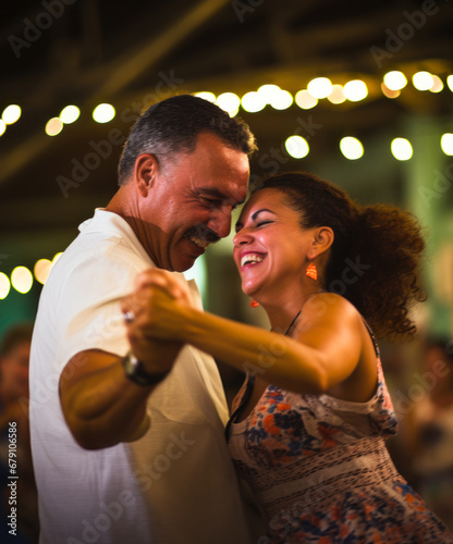 A happy Cuban couple dances traditional salsa at a night celebration