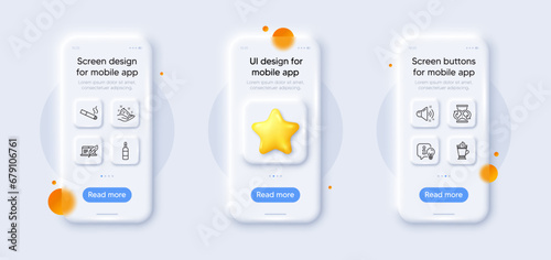 Copyright laptop, Skin care and Latte coffee line icons pack. 3d phone mockups with star. Glass smartphone screen. Brandy bottle, Lamp, Smoking web icon. Loud sound, Hourglass pictogram. Vector