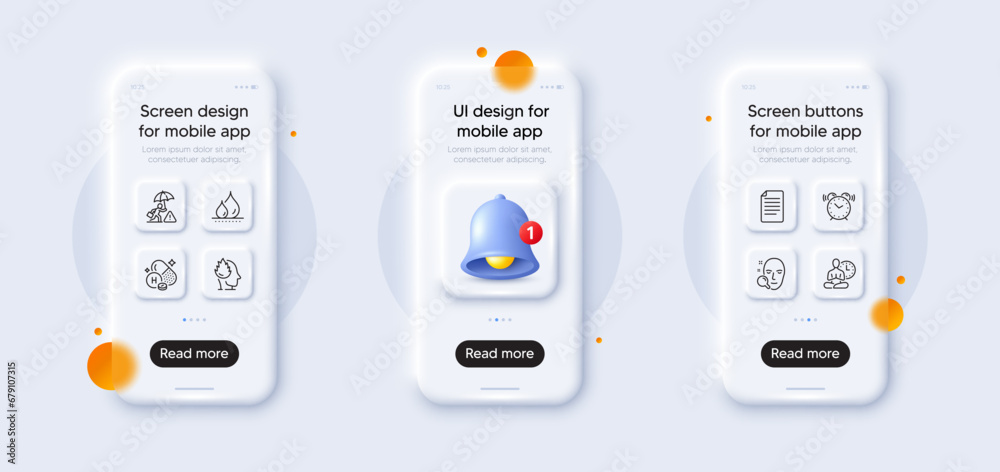 Stress, File and Vitamin h line icons pack. 3d phone mockups with bell alert. Glass smartphone screen. Waterproof, Yoga, Risk management web icon. Face search, Alarm clock pictogram. Vector Stress, File and Vitamin h line icons pack. 3d phone mockups with bell alert. Glass smartphone screen. Waterproof, Yoga, Risk management web icon. Face search, Alarm clock pictogram. Vector