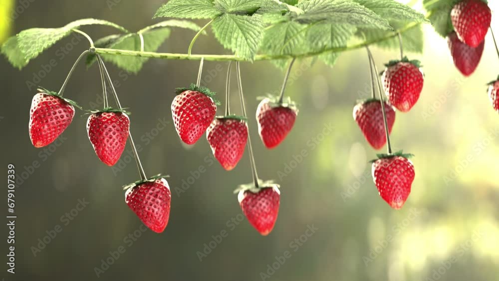 Strawberry plant growing in garden on sunny day,  macro low angle view. 4k 3d render 