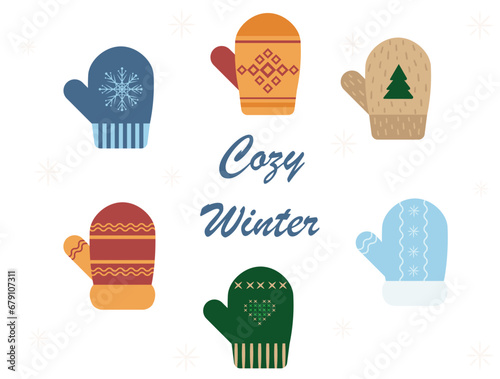 Warm winter gloves and mittens set. Cartoon flat vector illustration