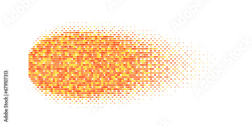 Abstract fire oval with motion blur and texture of lines. Image of a fast-flying comet, meteor or fireball. Vector ellipse shadow in comic or manga style. Retro video game illustration