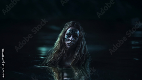 Fictional scary mermaid with long hair in water