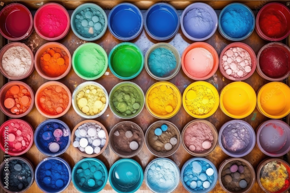 top view of a table filled with colorful ink pots top view of a table filled with colorful ink pots
