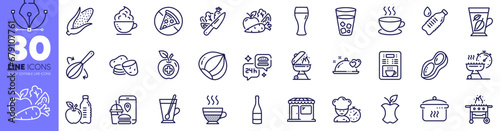 Vegetables, Ice tea and Market line icons pack. Potato, Tea mug, Food app web icon. Coffee maker, Corn, Beer glass pictogram. Coffee cup, Cooking whisk, Organic waste. Cappuccino, Grill. Vector