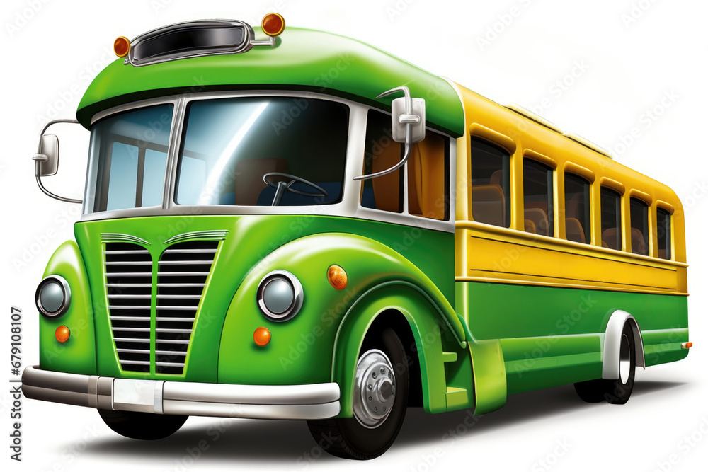 Green and yellow cartoon bus isolated on white background