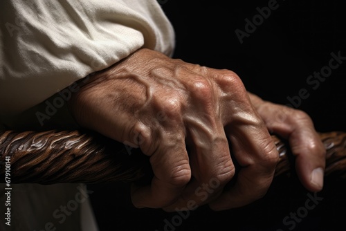 close-up of a hand gripping an aikido wooden sword