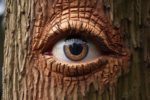 eye carved into the bark of a tree