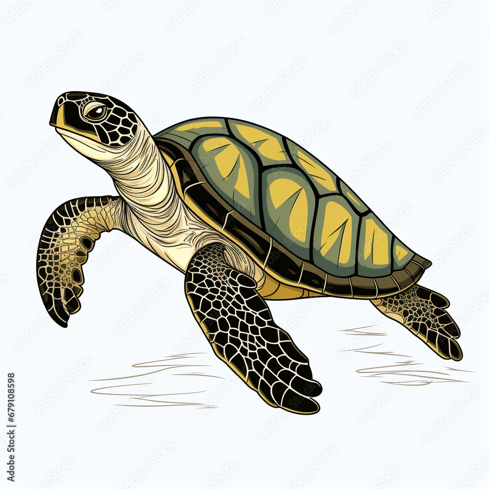 Obraz premium Sea Turtle cartoon natural colors, black outline ,on white background