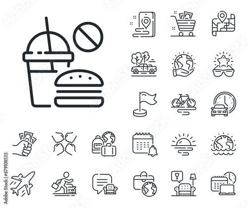 Hamburger with soda drink sign. Plane jet, travel map and baggage claim outline icons. Stop Fast food line icon. Unhealthy burger symbol. Fast food line sign. Car rental, taxi transport icon. Vector