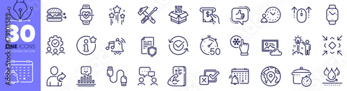 Approved, Like and People chatting line icons pack. Smile, Photo cloud, Timer web icon. Boiling pan, Charging cable, Alarm sound pictogram. Swipe up, Qr code, Data security. Waterproof. Vector