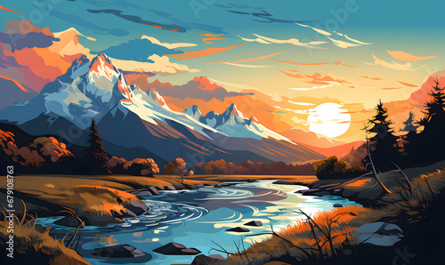 Patagonia scenery in Argentina and Chile South America in illustrations, presentation images, travel image ideas, tourism promotion, postcards, generative AI photo