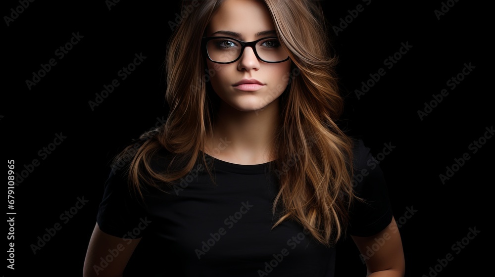 Elegant Brunette Wearing Black T-Shirt and Trendy Glasses, Isolated on Dark Background