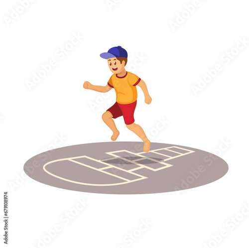 Children Playing Hopscotch aka Engklek traditional Game Cartoon Vector