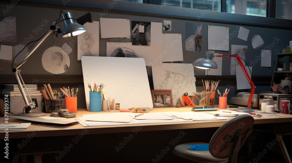 Graphic artist's workspace with design and drawing supplies