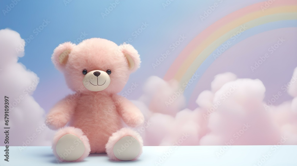Teddy Bär im Himmel: Niedlicher Bär vor Wolken und Regenbogen Teddy Bär im Himmel: Niedlicher Bär vor Wolken und Regenbogen
