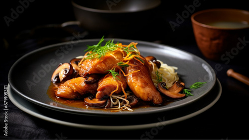 Food photography cooked mixed mushrooms chanterelle and boletus in dark cream as main dish with 1 bread dumpling in the middle, on plate, stand alone, no side dish. bread, garnish, drinks