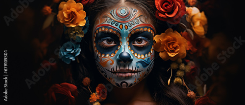 Floral Remembrance: Little Girl in Vibrant Day of the Dead Attire