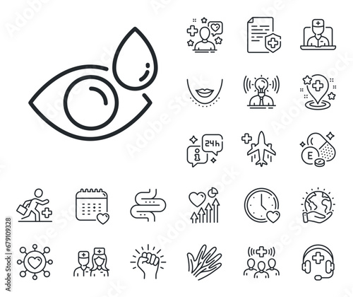 Oculist clinic sign. Online doctor, patient and medicine outline icons. Eye drops line icon. Optometry vision symbol. Eye drops line sign. Veins, nerves and cosmetic procedure icon. Intestine. Vector