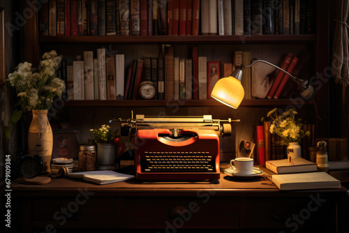 Vintage typewriter on wooden desk with bookshelf, cozy indoor setting