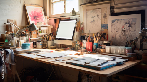 Close up desk with a screen computer and art and work supplies