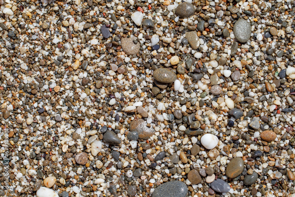 Oval wet stones on pebble beach, multicolored, close-up Oval wet stones on pebble beach, multicolored, close-up