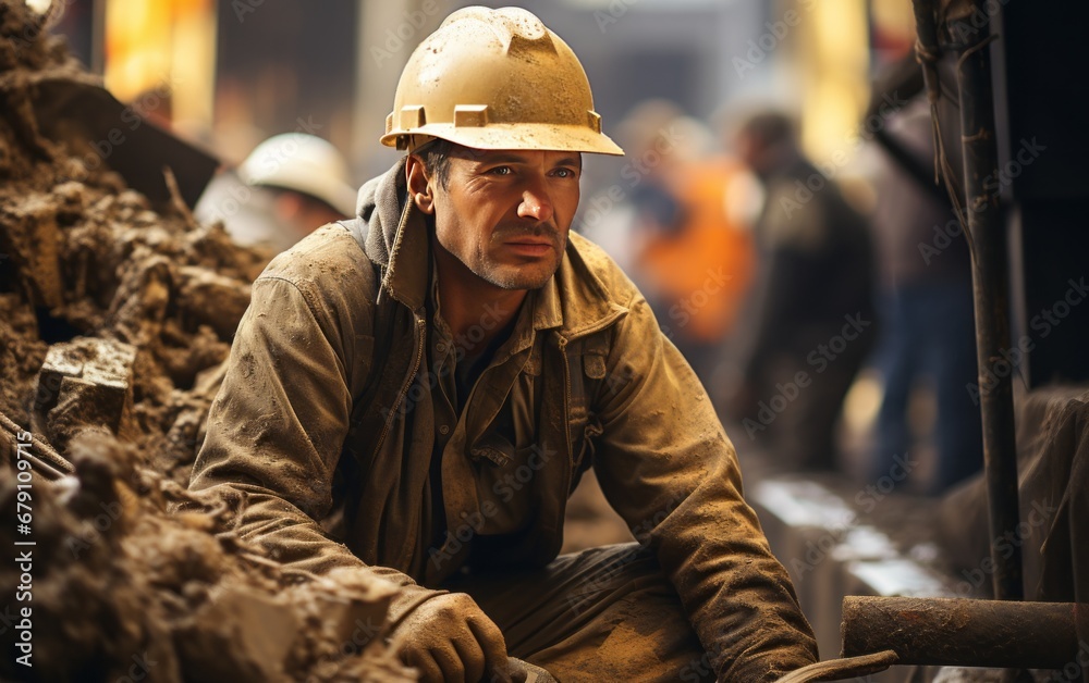 Portrait of a laborer working in a noisy construction site. Heavy industry.