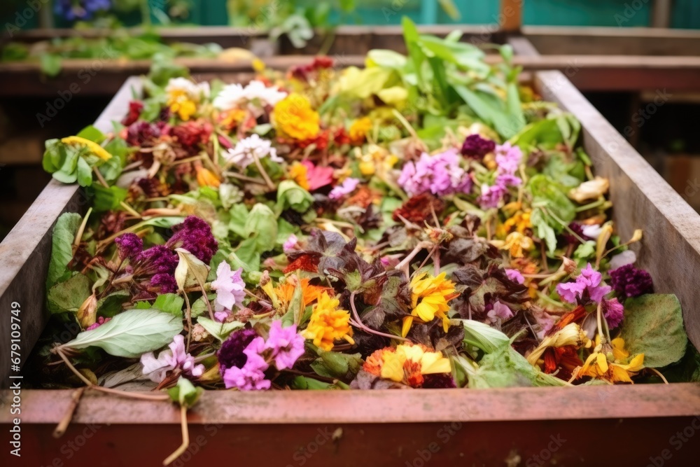 withered flowers composting in a wooden bin withered flowers composting in a wooden bin